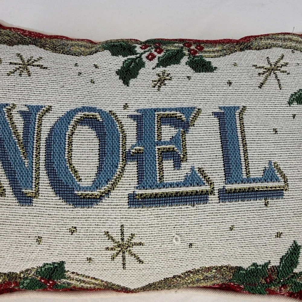 Vintage Christmas Noel Tapestry Throw Pillow Holly Berries Red 12x8